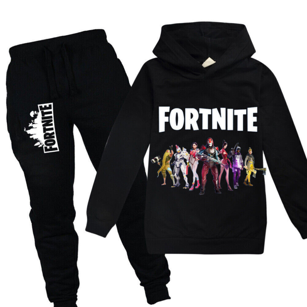 (8-9 Years/140cm, Black) Kids Fortnite Print Hoodie Jumper Tops+Pants Suit Boys Casual Tracksuit Sets