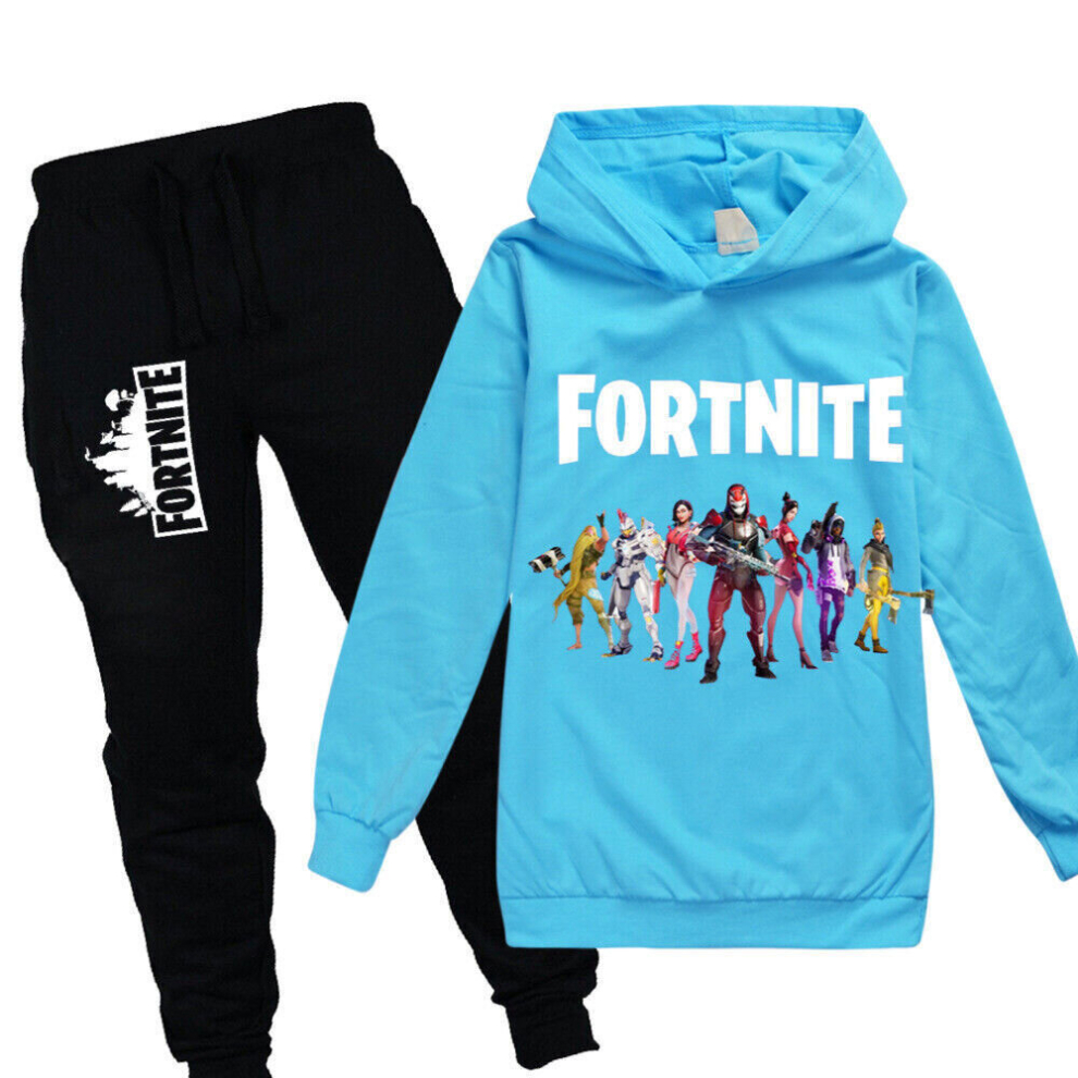 (9-10 Years/150cm, Wathet Blue) Kids Fortnite Print Hoodie Jumper Tops+Pants Suit Boys Casual Tracksuit Sets