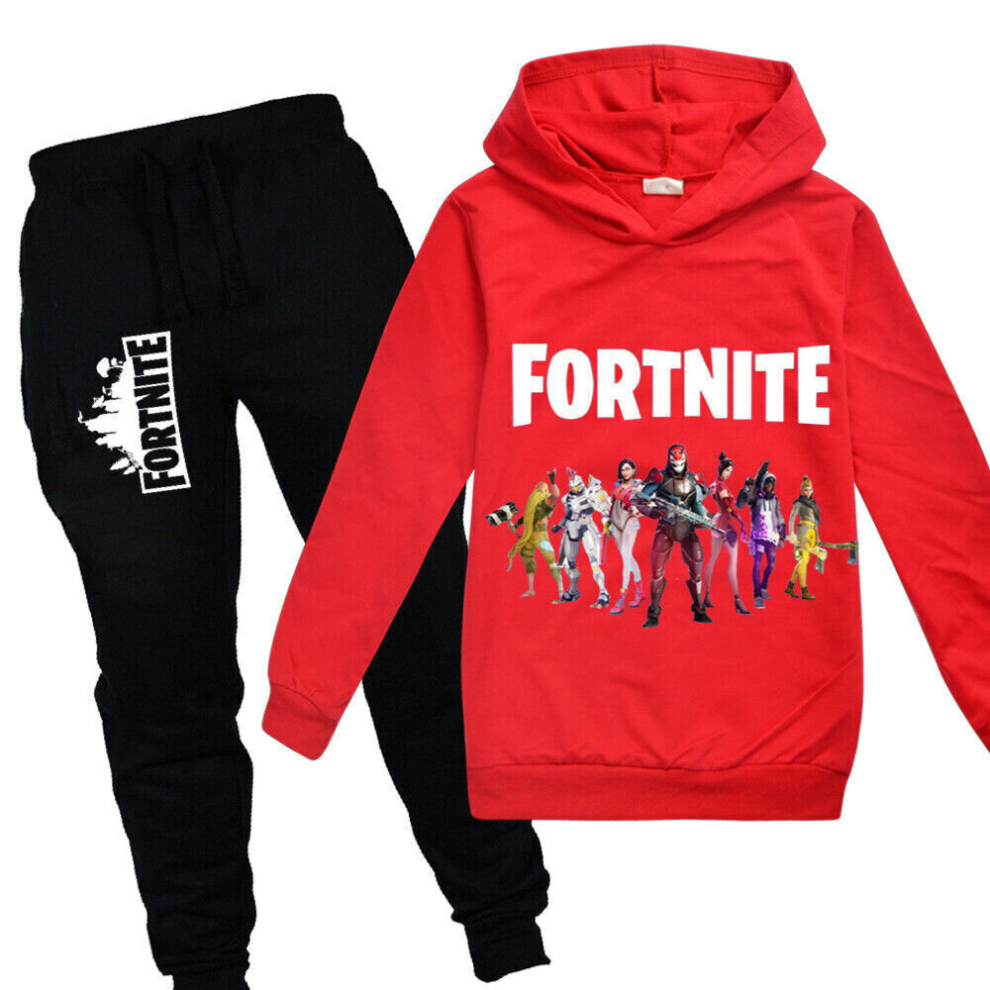 (12-13 Years/170cm, Red) Kids Fortnite Print Hoodie Jumper Tops+Pants Suit Boys Casual Tracksuit Sets