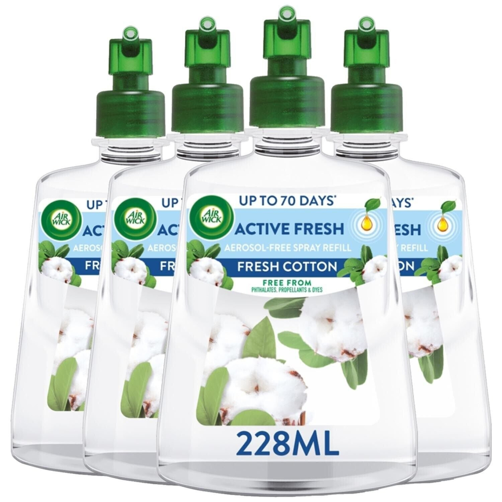 4 X Air Wick Fresh Cotton Active Fresh Aerosol-Free Automatic Spray Refill 228Ml