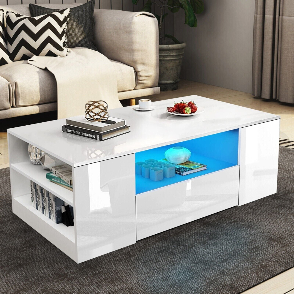 Sunukerr (White High Gloss Led Coffee Table) Led Coffee Table Wooden 2 Drawer Storage High Gloss Modern Living Room Furniture