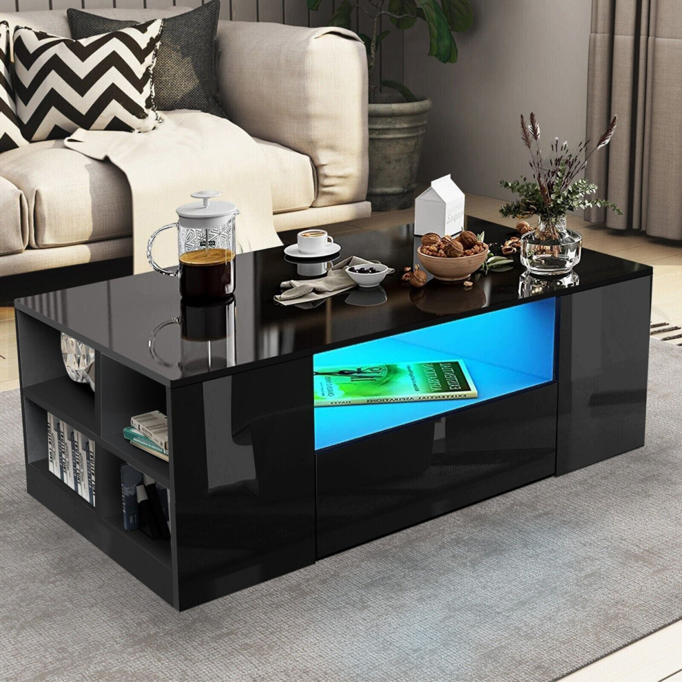 (Black High Gloss Led Coffee Table) LED Coffee Table Wooden 2 Drawer Storage High Gloss Modern Living Room Furniture