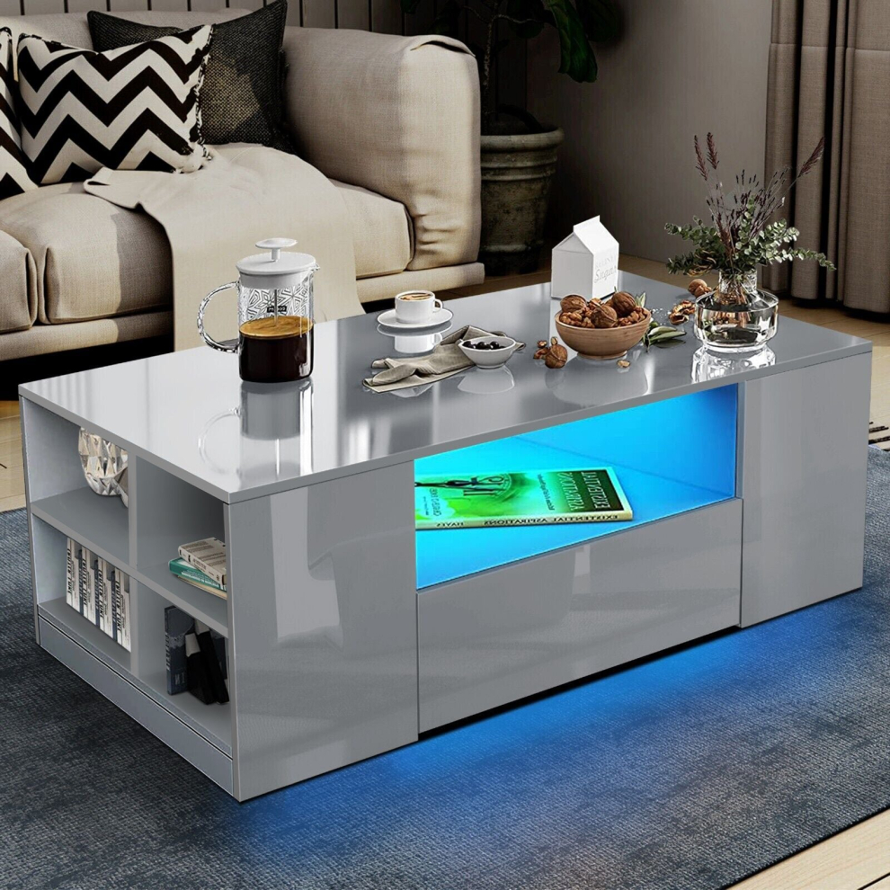 (Grey High Gloss Led Coffee Table) LED Coffee Table Wooden 2 Drawer Storage High Gloss Modern Living Room Furniture