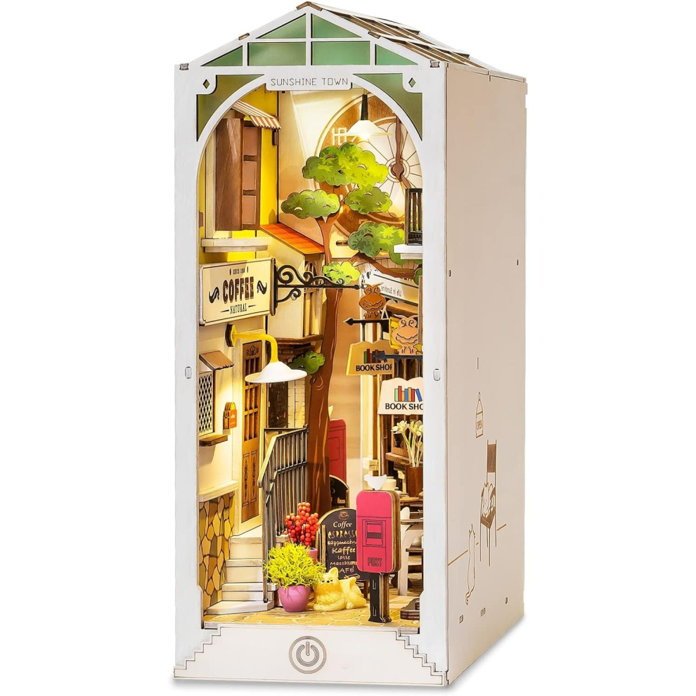 (Sunshine Town) Wooden Book Nook Dollhouse Kit,DIY Wall Hanging Miniature Room, Puzzle House Model Building Kits with LED Lights, Home, Bookshelf Deco
