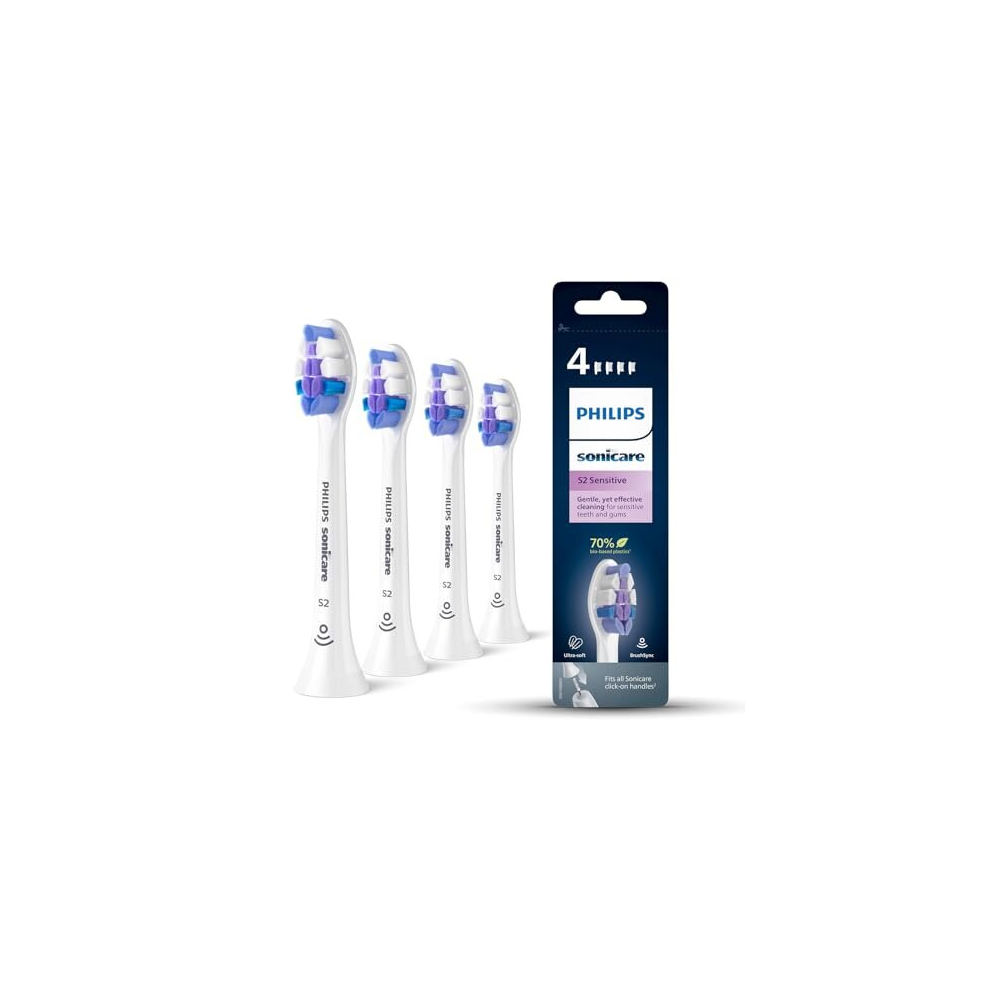 Philips Sonicare Brush Heads, S2 Sensitive Brush Head With Ultra-Soft Bristles For Sensitive Teeth And Gums, White, 4-Pack, Model Hx6054/10