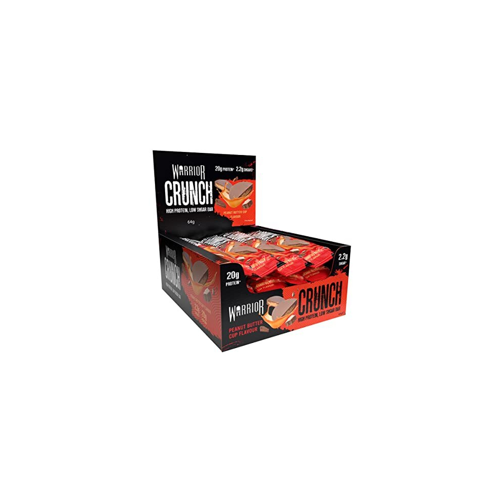 Warrior Crunch High Protein Bar - 20G Protein, Low Carb & Low Sugar, Peanut Butter Cup, 12 X 64G