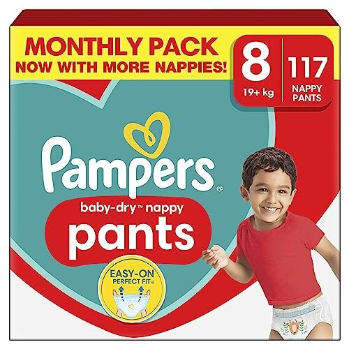 Pampers Baby-Dry Nappy Pants, Size 8 19kg Plus 117 Nappies, MONTHLY SAVING PACK, Stop and Protect Pocket for Leak Free Protection