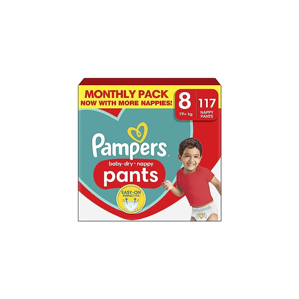 Pampers Baby-Dry Nappy Pants, Size 8 19kg Plus 117 Nappies, MONTHLY SAVING PACK, Stop and Protect Pocket for Leak Free Protection