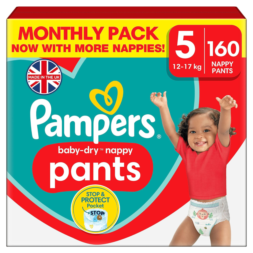Pampers Baby-Dry Nappy Pants, Size 5 12 - 17kg 160 Nappies, MONTHLY SAVING PACK, Stop and Protect Pocket for Leak Free Protection-image-OPC-PD7YD6D-NEW