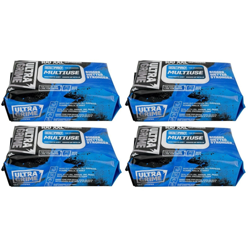 (4 X Packs) Ultragrime Pro Multiuse Industrial Strength Wet Wipes XXL+ in Packs of 100