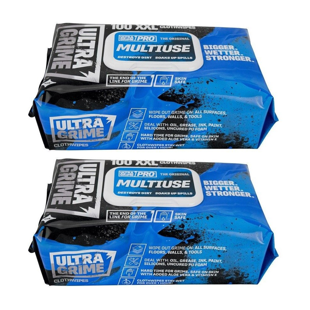 (2 X Packs) Ultragrime Pro Multiuse Industrial Strength Wet Wipes XXL+ in Packs of 100