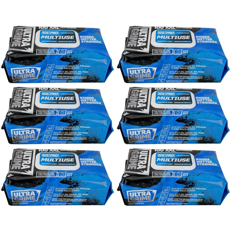 (6 X Packs) Ultragrime Pro Multiuse Industrial Strength Wet Wipes XXL+ in Packs of 100