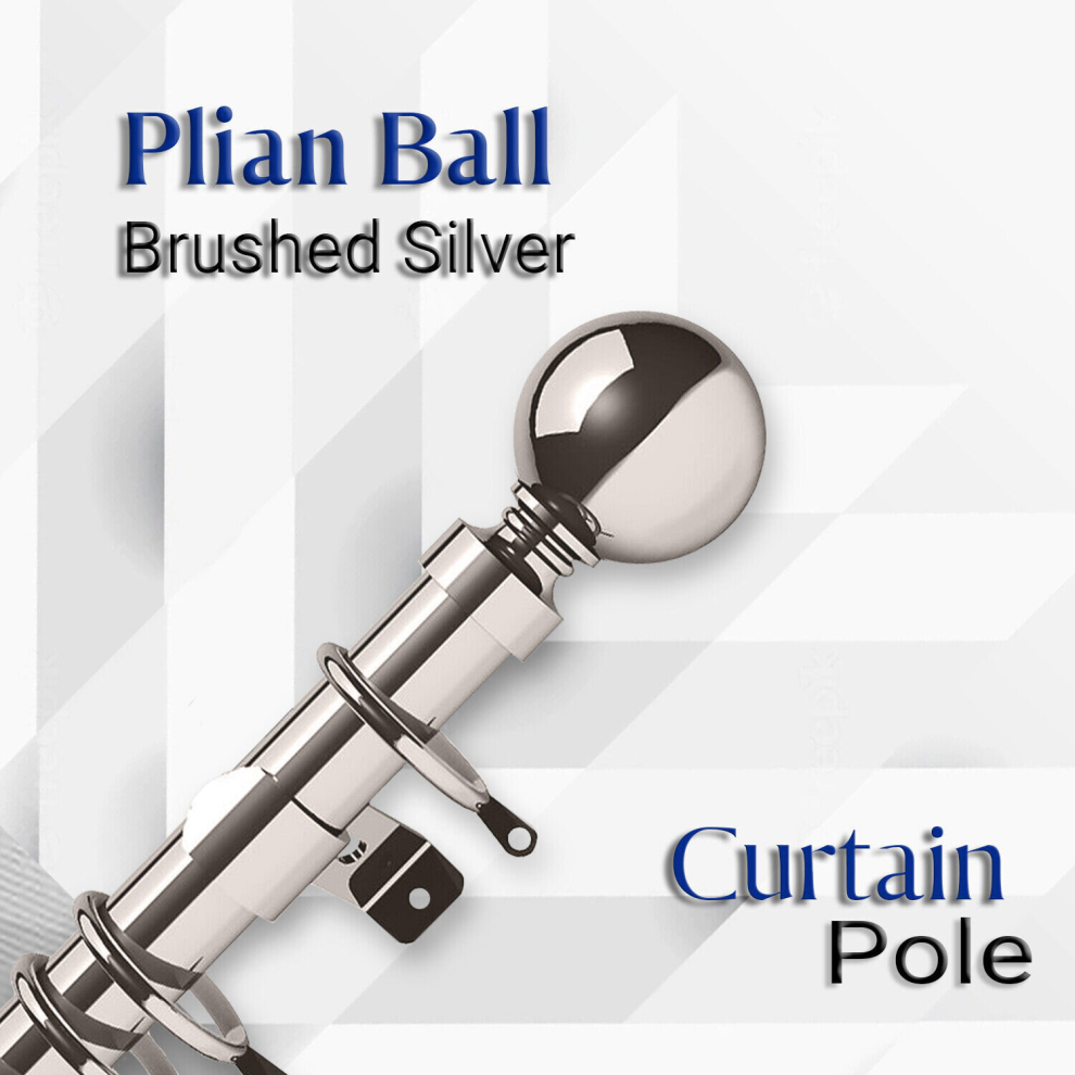 (( 160-300 cm (63" - 118" Inches), Brushed Silver- Plain Ball Curtain Rod) Metal Curtain Pole Extendable 28mm With Finials Rings Hooks Rod Fittings