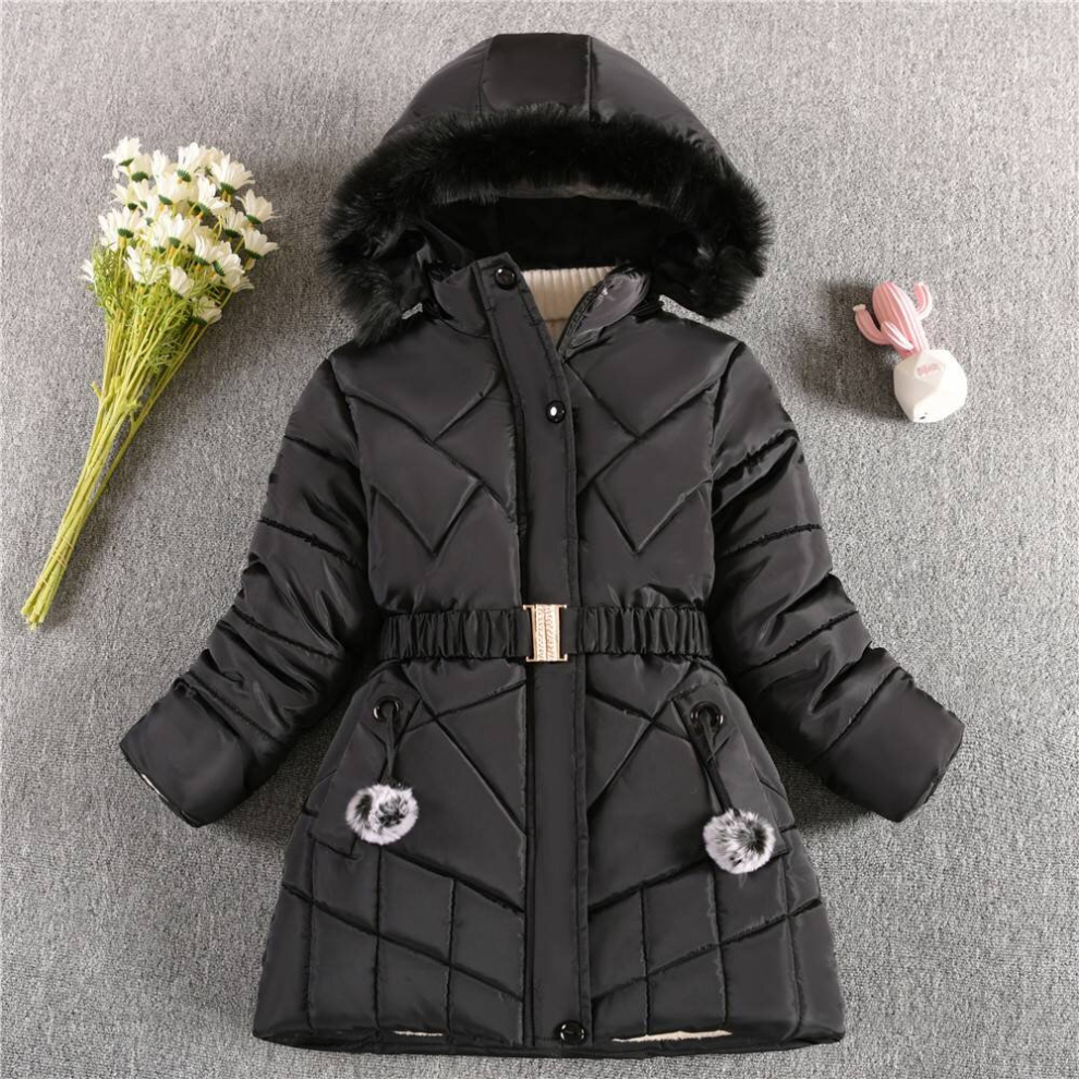(Black, 5-6 Years) Kids Girls Fur Coat Padded Winter Hooded Jackets