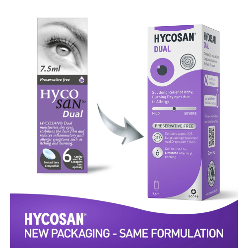 Hycosan Dual 7.5ml Eye Drops - Moisturises Dry Eyes, Reduces Itching & Burning; One-Pump Bottle, Sterile 6 Months After Opening, Contact Lens Safe