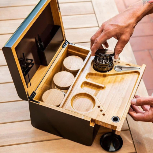 Premium Bamboo Storage Box with Removable Tray and Divider, Locking Wooden Organizer