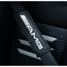 (AMG) 2pcs Black Car Seat Belt Real-Leather Shoulder Pads Cushion For Car Logo