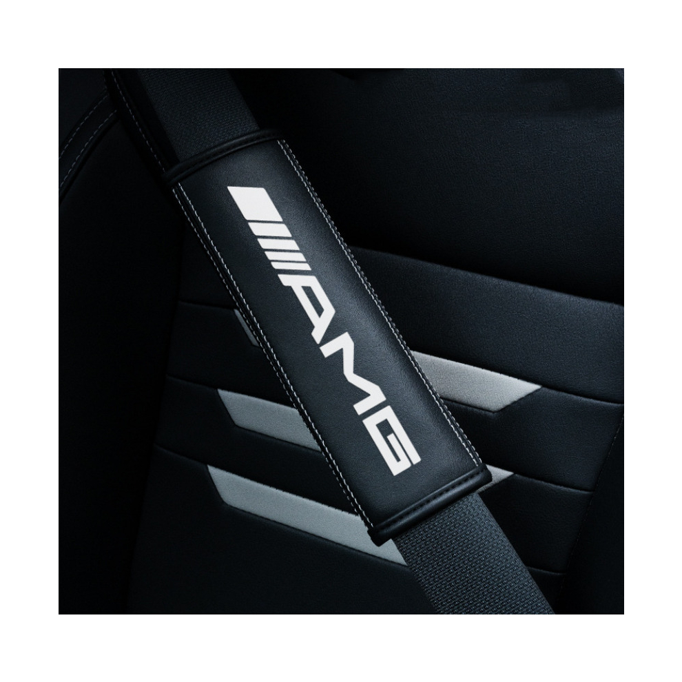 (Amg) 2Pcs Car Seat Belt Real-Leather Shoulder Pads Cushion For Car Logo Black 8381923441098