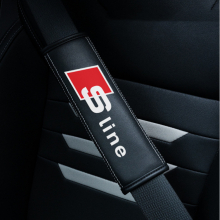 (SLINE) 2pcs Black Car Seat Belt Real-Leather Shoulder Pads Cushion For Car Logo