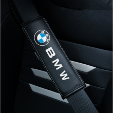 (BMW) 2pcs Black Car Seat Belt Real-Leather Shoulder Pads Cushion For Car Logo