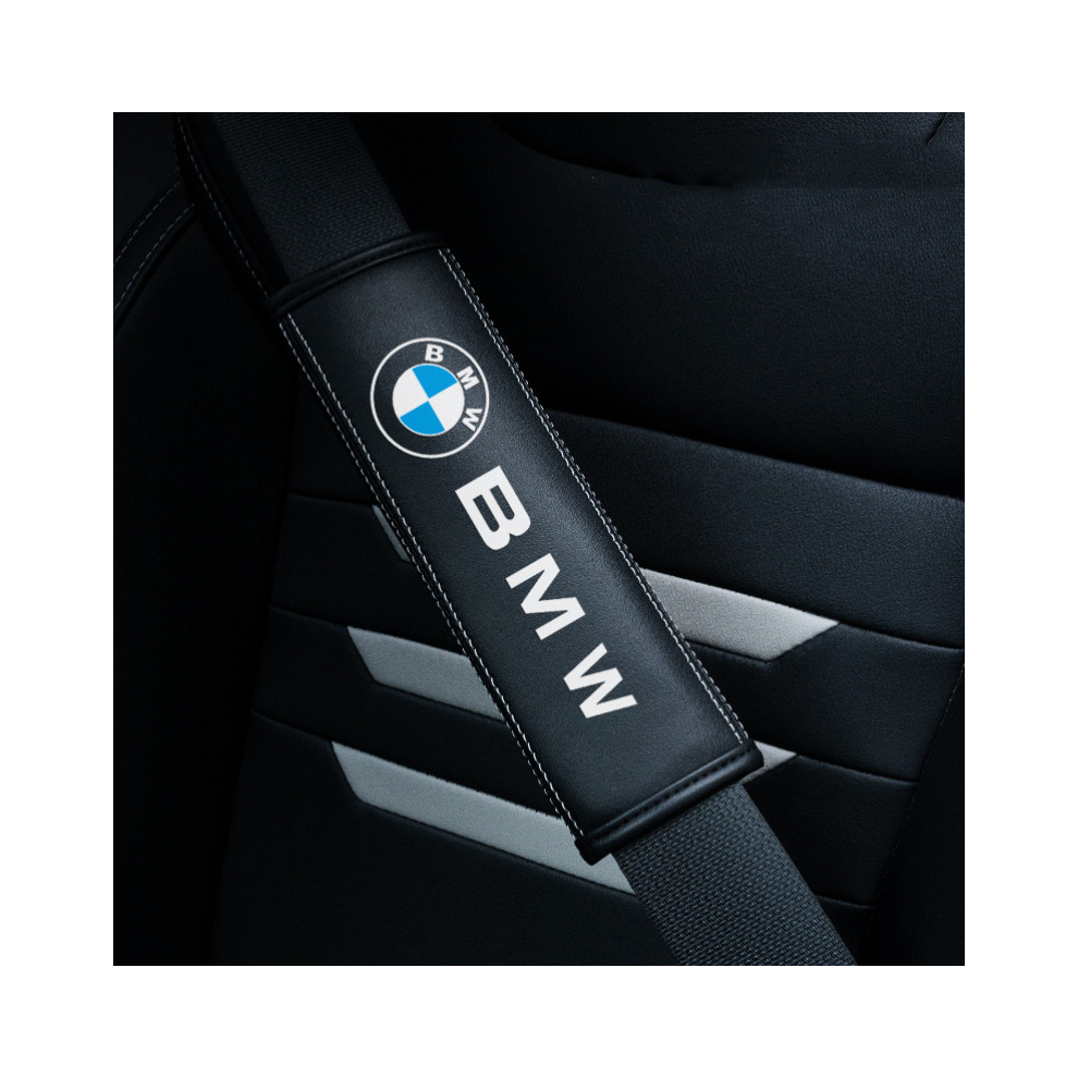 (Bmw) 2Pcs Car Seat Belt Real-Leather Shoulder Pads Cushion For Car Logo Black 8381923441166