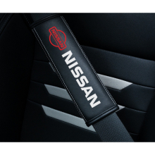 (NISSAN) 2pcs Black Car Seat Belt Real-Leather Shoulder Pads Cushion For Car Logo