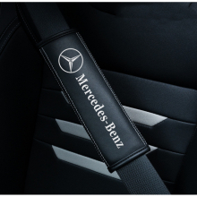 (BENZ) 2pcs Black Car Seat Belt Real-Leather Shoulder Pads Cushion For Car Logo