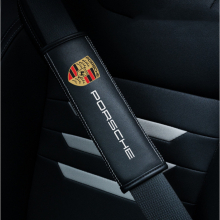 (Porsche) 2pcs Black Car Seat Belt Real-Leather Shoulder Pads Cushion For Car Logo