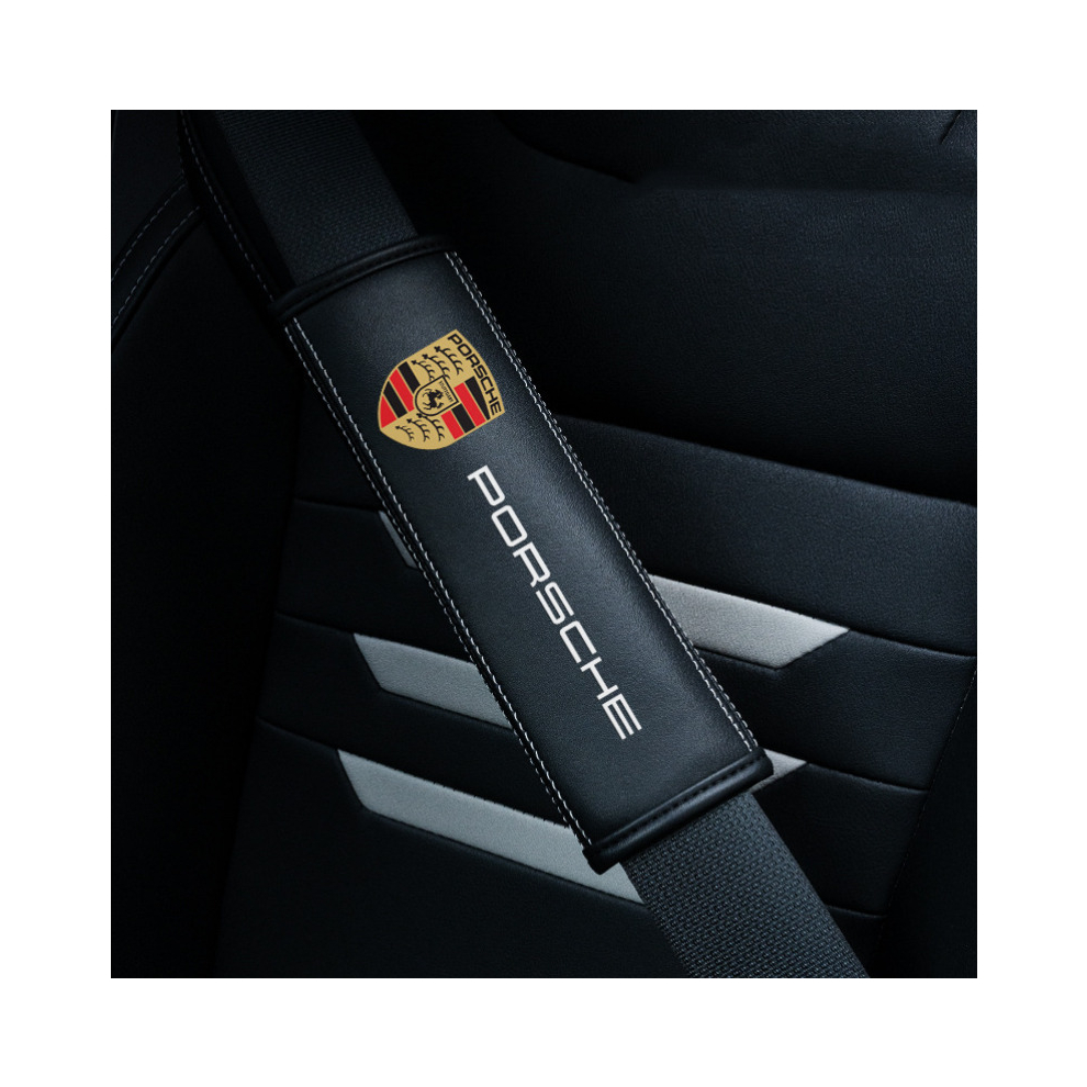 Newjass (Porsche) 2Pcs Car Seat Belt Real-Leather Shoulder Pads Cushion For Car Logo Black