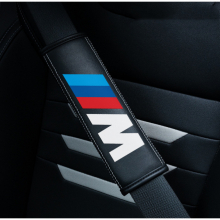 (M) 2pcs Black Car Seat Belt Real-Leather Shoulder Pads Cushion For Car Logo