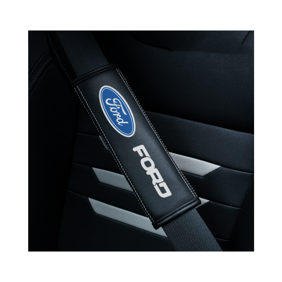Newjass (Ford) 2Pcs Car Seat Belt Real-Leather Shoulder Pads Cushion For Car Logo Black