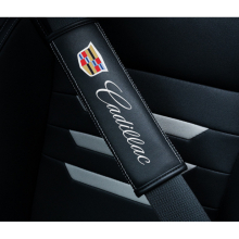 (Cadillac) 2pcs Black Car Seat Belt Real-Leather Shoulder Pads Cushion For Car Logo
