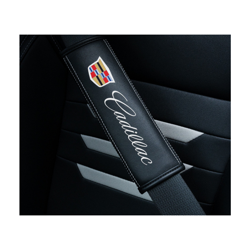 (Cadillac) 2Pcs Car Seat Belt Real-Leather Shoulder Pads Cushion For Car Logo Black 8381923441289