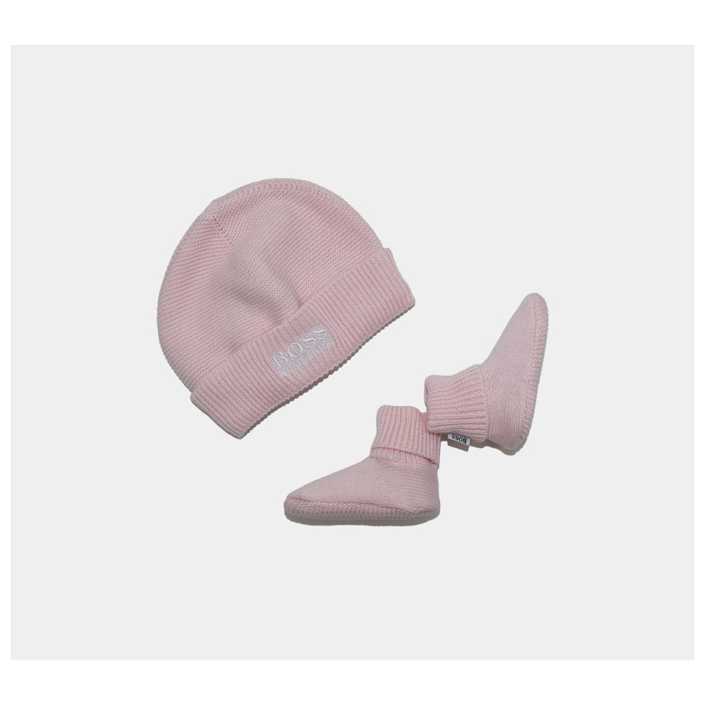 (1 Month, Pink ) Hugo Boss Baby Knit Boots Caps Set 1-6 Months