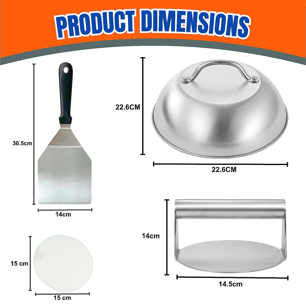 Stainless Steel Burger Press Kit with Burger Smasher Melting Dome & 50 Wax Dsc