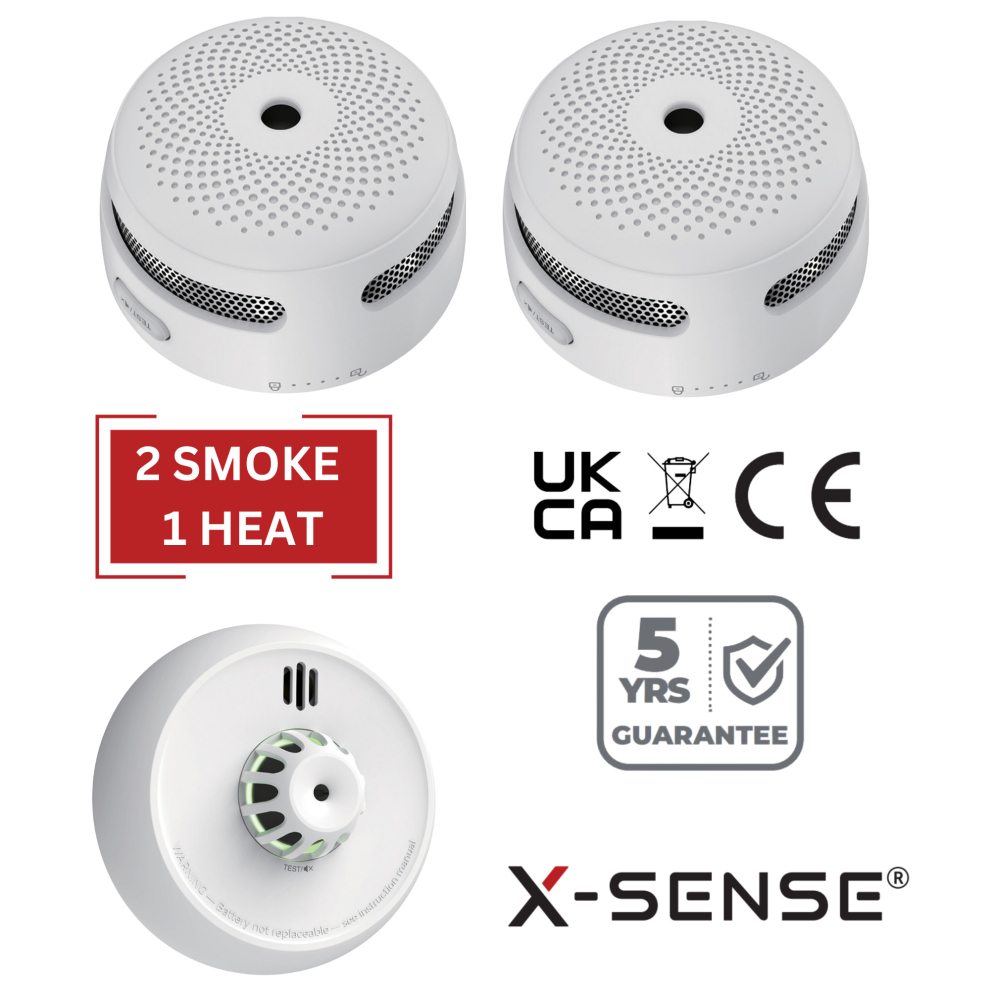 (2 Smoke / 1 Heat) Smoke Detectors Heat Alarms and CO Detector Sets