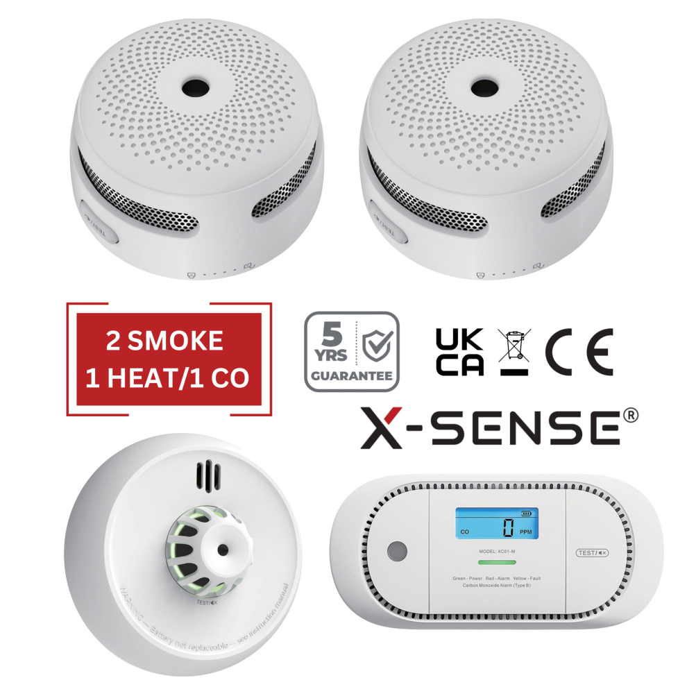 (2 Smoke / 1 Heat / 1 CO) Smoke Detectors Heat Alarms and CO Detector Sets