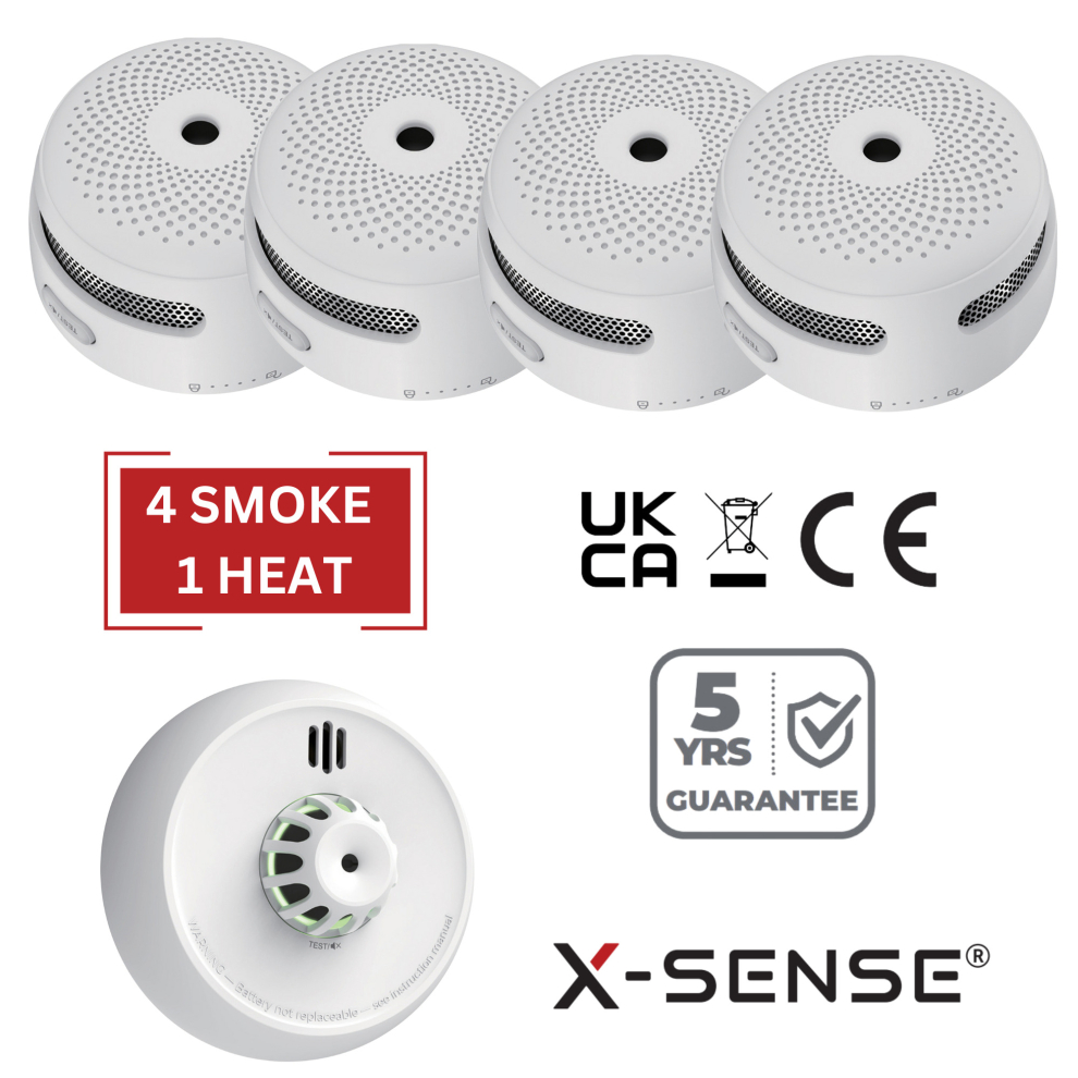 (4 Smoke / 1 Heat) Smoke Detectors Heat Alarms and CO Detector Sets