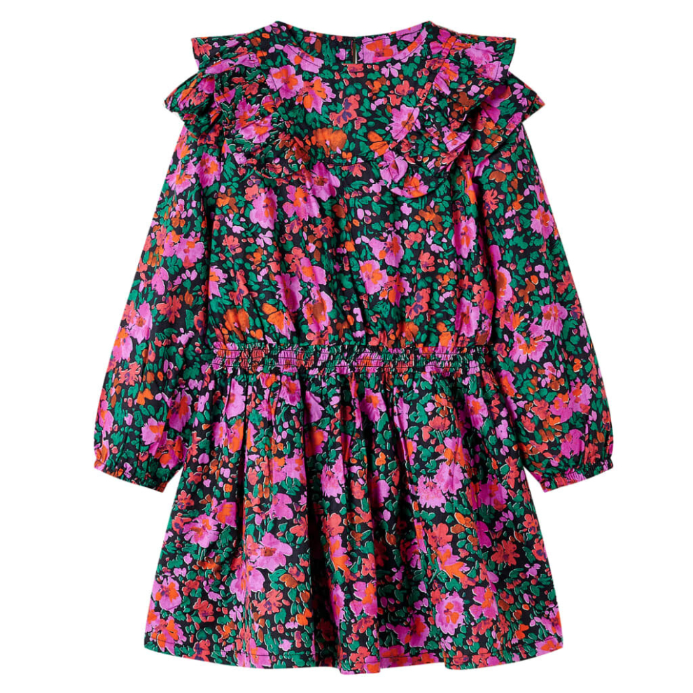 (140) Kids' Dress with Long Sleeves Girls' Dress Skirt Floral Print Bright Pink