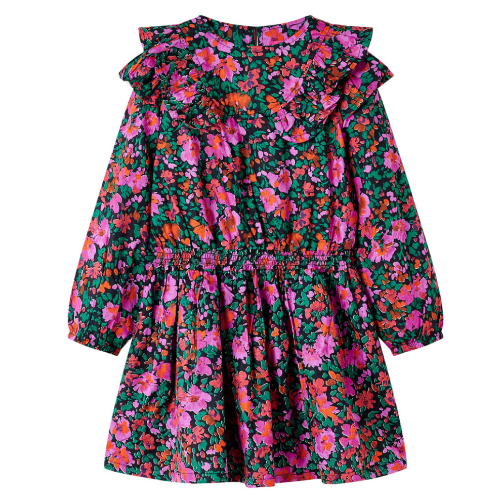 (104) Kids' Dress with Long Sleeves Girls' Dress Skirt Floral Print Bright Pink