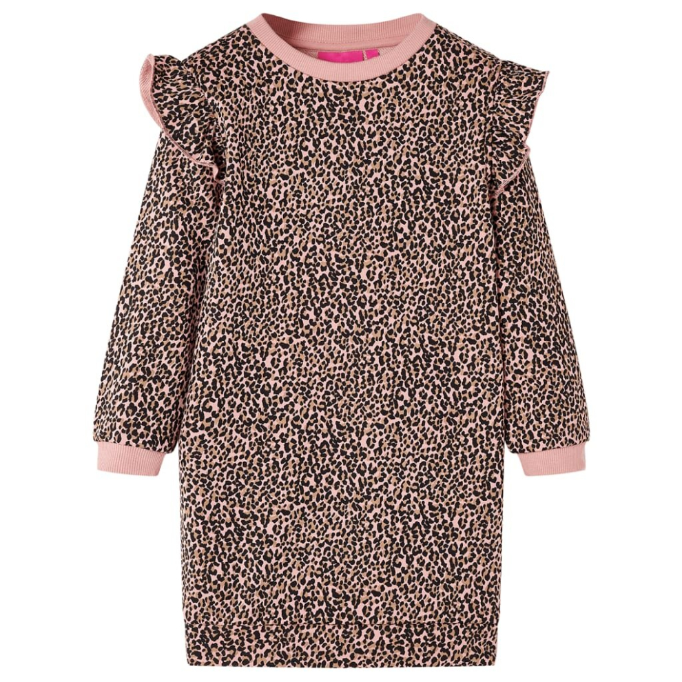 (92) Kids' Sweatshirt Dress Long Sleeves Pullover Skirt Leopard Print Medium Pink