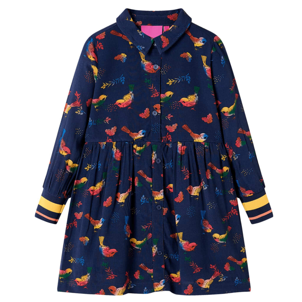 (140) Kids' Dress with Long Sleeves Girls' Dress Kids School Skirt Bird Print Navy