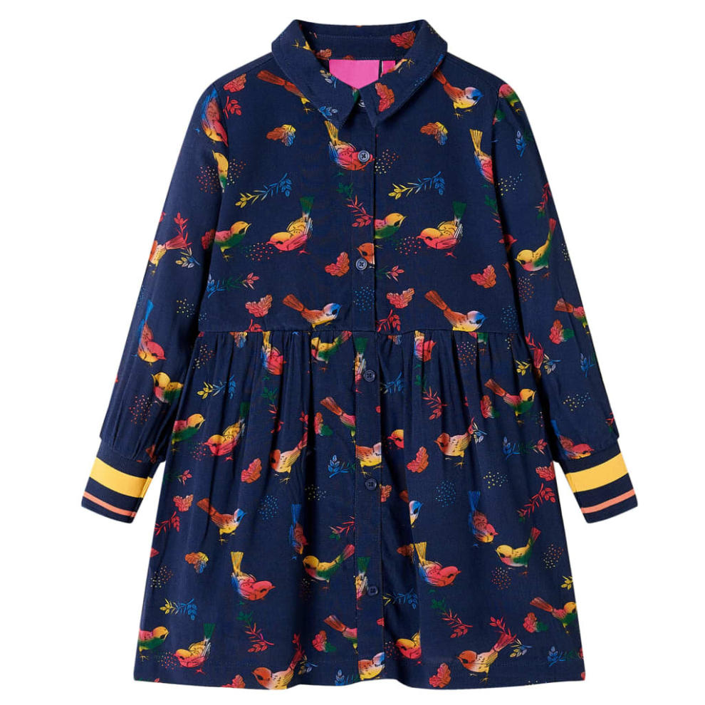 (128) Kids' Dress with Long Sleeves Girls' Dress Kids School Skirt Bird Print Navy