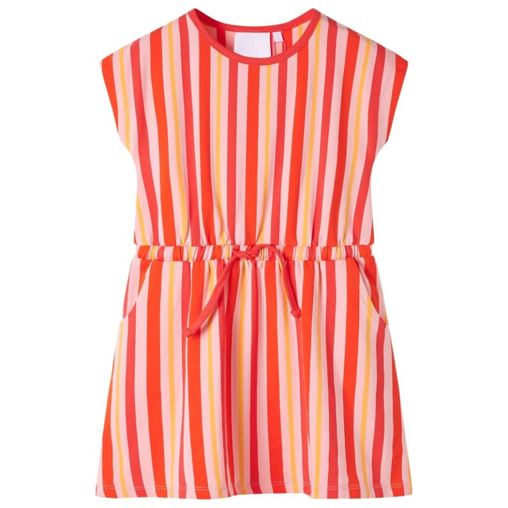 (92) Kids' Dress with Drawstring Children Girl's Dress Striped Print Pink and Red