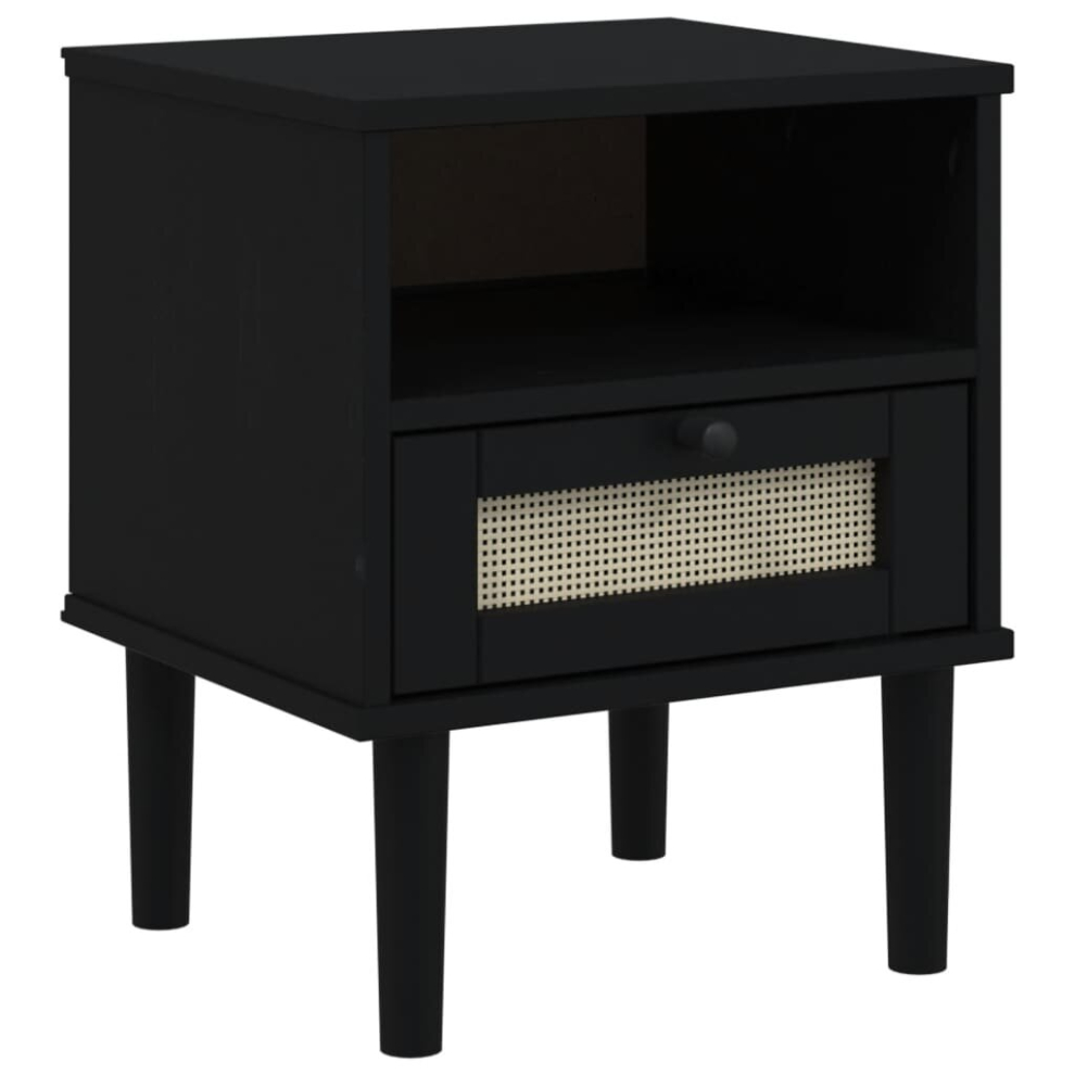 (black) vidaXL Bedside Cabinet Nightstand Side Table SENJA Rattan Look Solid Wood Pine