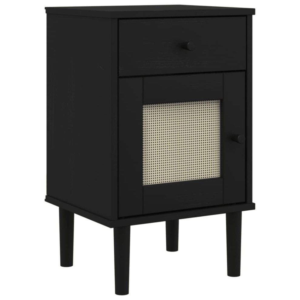 (black) vidaXL Bedside Cabinet Nightstand Side Table SENJA Rattan Look Solid Wood Pine