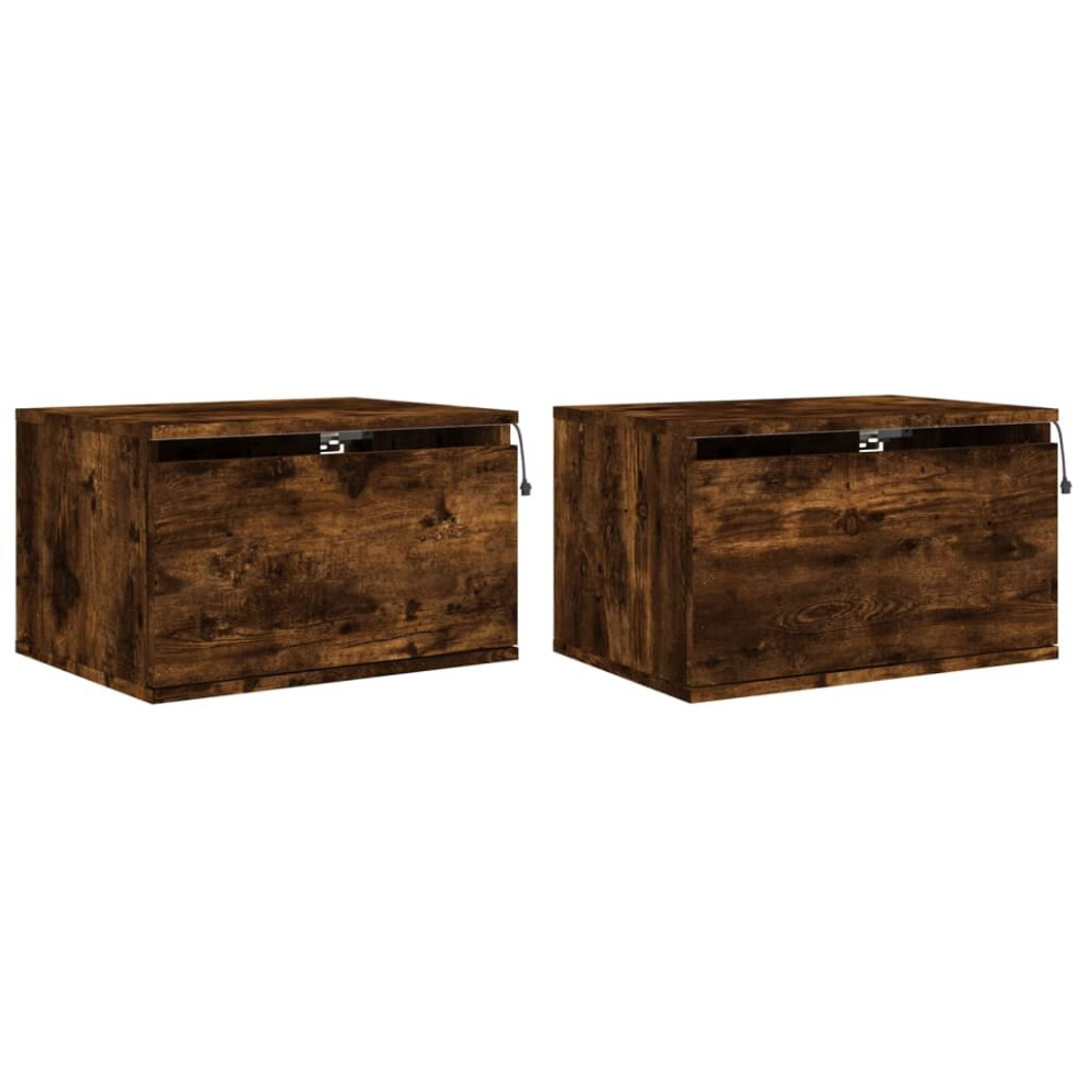 (smoked oak, 2 pcs) vidaXL Wall-mounted Bedside Cabinets with LED Lights Nightstand Wall Units