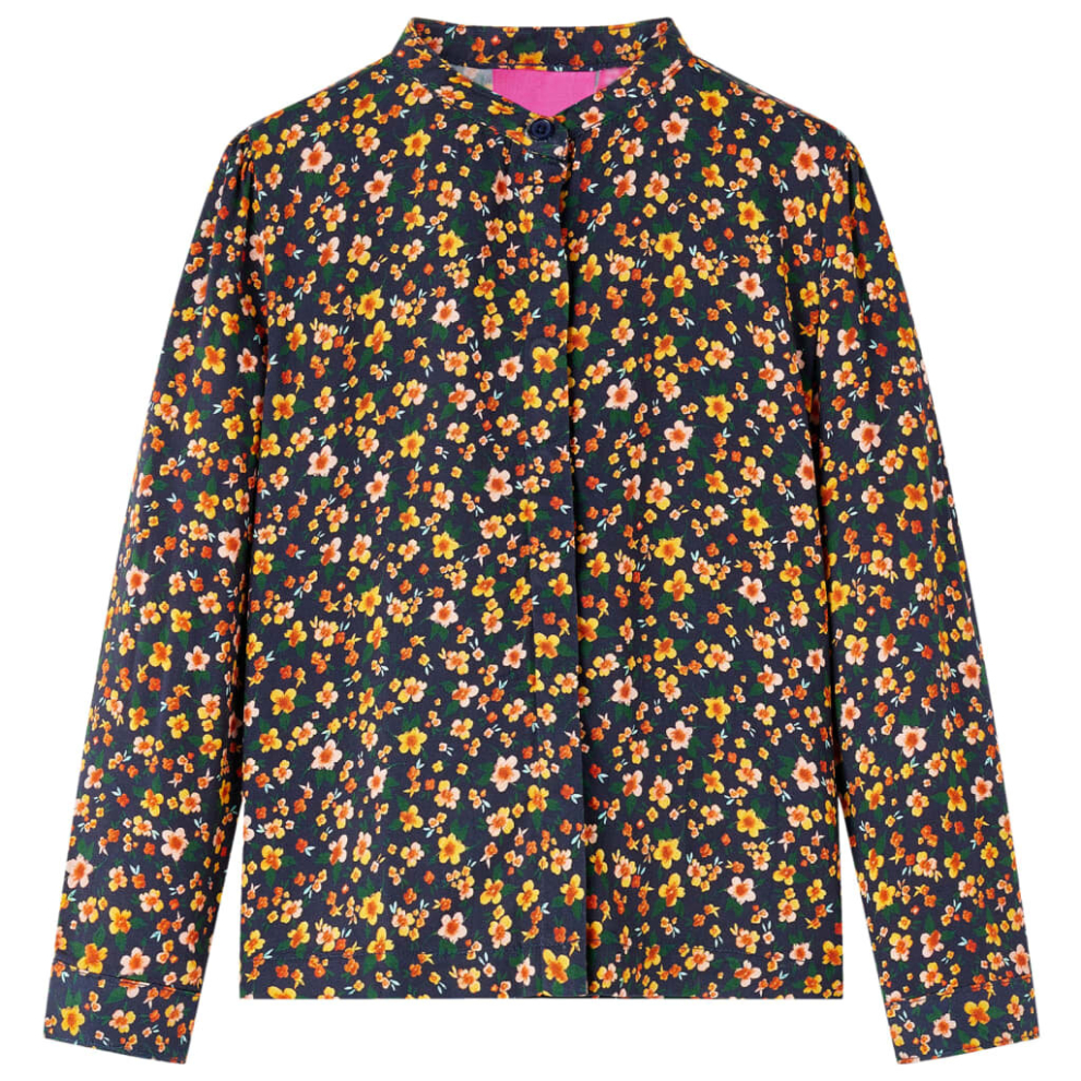 Vidaxl (104) Kids' Shirt With Band Collar Children's School Girls' Shirt Floral Print Navy Blue