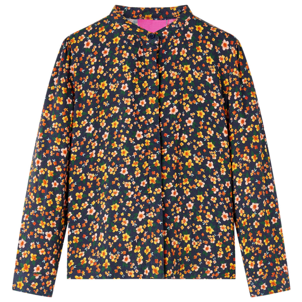 Vidaxl (116) Kids' Shirt With Band Collar Children's School Girls' Shirt Floral Print Navy Blue