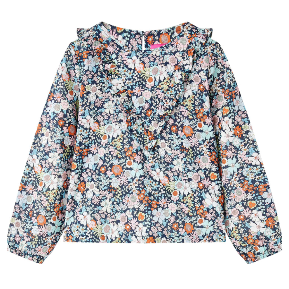 (104) Kids' Shirt with Long Sleeves Children Girls' Shirt Floral Print Dark Blue